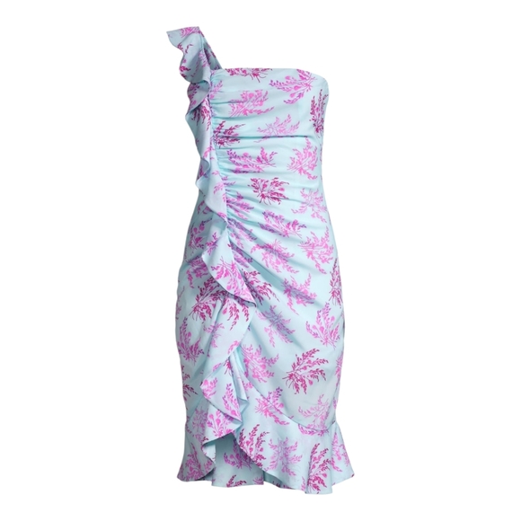 NWT LIKELY Lois One Shoulder Floral Ruffle Dress Blue Pink 10 - Picture 2 of 13